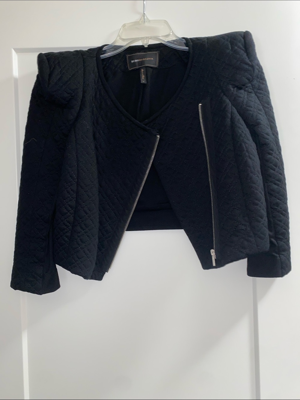 BCBGMaxAzria Black Quilted Asymmetrical Zip Cropped Blazer